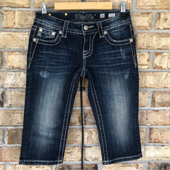 Miss Me Jeans Cotton Blend Blue Wash Distressed Embellished Cropped Jeans 26 - Picture 2 of 13